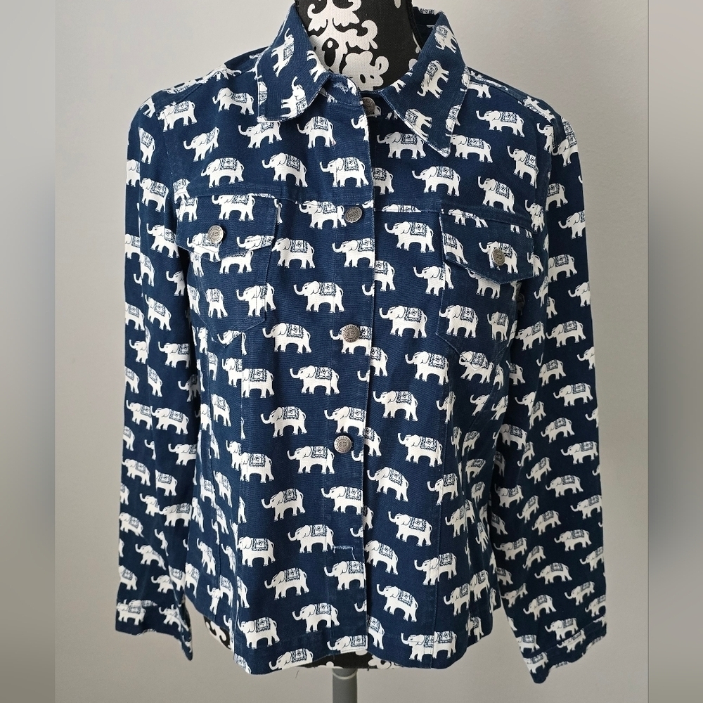 3 Sisters Women Sz Large Long Sleeve Blouse Blue Elephant Print